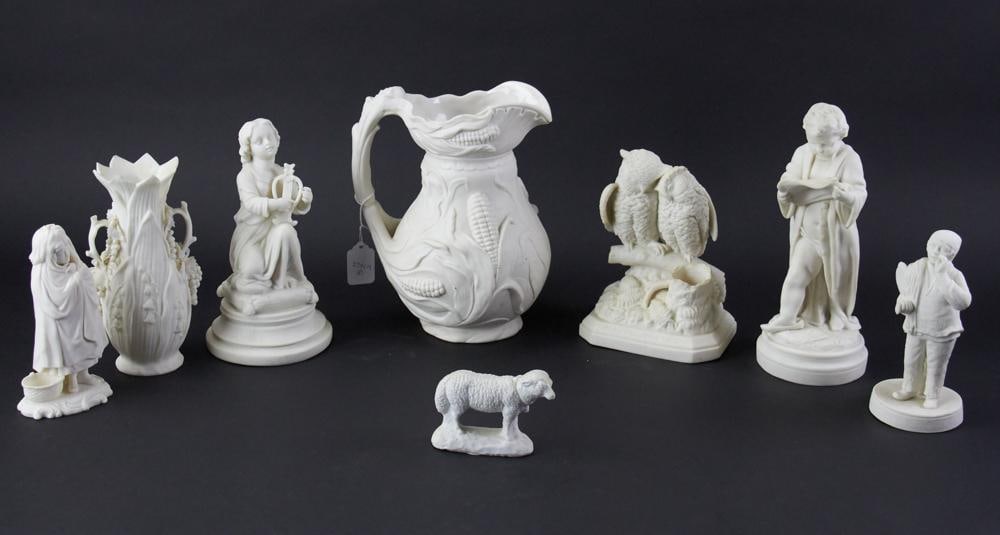 Group of Early Parian Ware Pieces, Owls, Lamp, etc. (1 of 16)