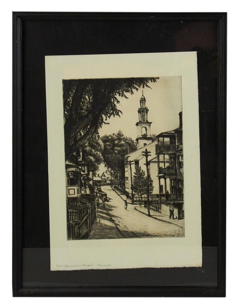 Max Kuehne, Gloucester Church Circa 1960 Etching: Max Kuehne (German-American, 1880-1968), Gloucester First Unitarian Universalist Church circa 1960 etching, unsigned 12" x 9" (image), framed 21" x 16". Provenance: Estate of Dalia Zikas, Melrose, Mas