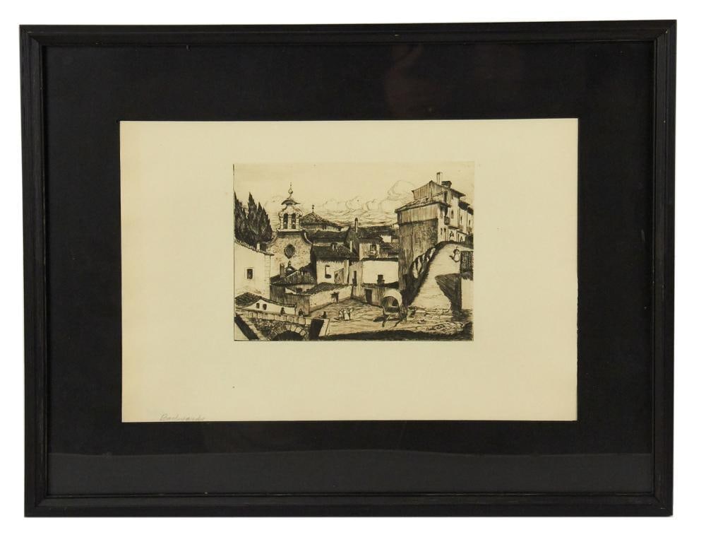 Max Kuehne, Backyards, Our Lady of Good Voyage, Etching: Max Kuehne (German-American, 1880-1968), Backyards, Our Lady of Good Voyage, etching, circa 19th century, 6" x 8", framed 16" x 21". Provenance: Estate of Dalia Zikas, Melrose, Massachusetts.