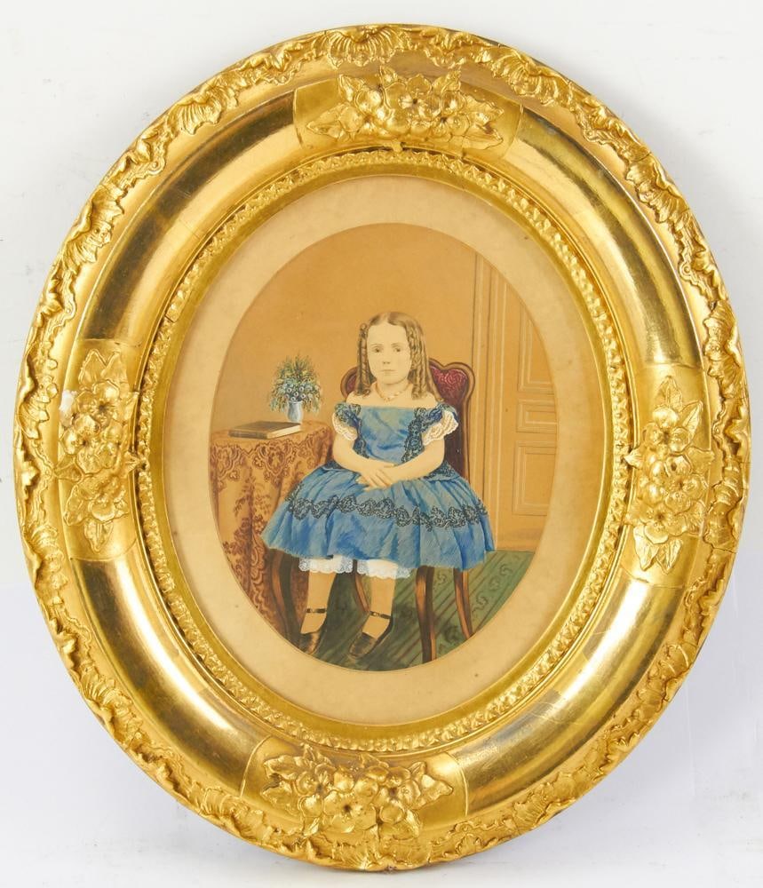 19thC, Young Girl Sitting, Watercolor: 19th century, young girl sitting, watercolor, unsigned, 8" x 6", in oval gilt frame 15" x 13". Provenance: Estate of Dalia Zikas, Melrose, Massachusetts.