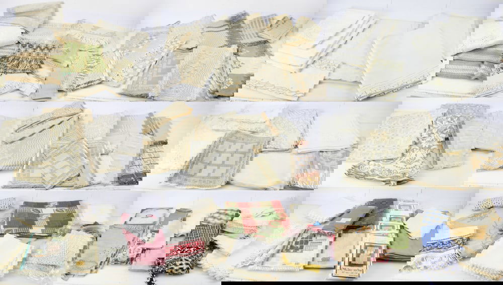 Very Large Group of Linens: Very large group of linens, to include numerous tablecloths, napkins, eyelet curtains, placemats, linen, lace, cutwork, embroidery, woven pieces, etc. Many pieces unused. Provenance: Estate of Dalia Z
