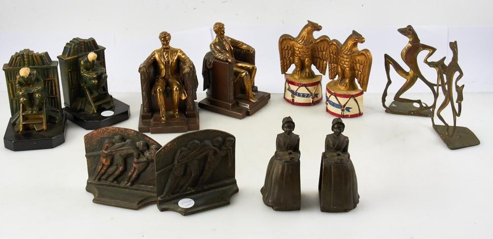 Vintage Bookends, Lincoln, Galley Slaves, Frogs, etc.: Vintage bookends to include: Jennings Brothers bronzed and gilded Lincoln, ones titled "Galley Slave", stylized dancing frogs, etc. Six (6) pair total. Tallest 7 1/2". Good condition. Provenance: Esta