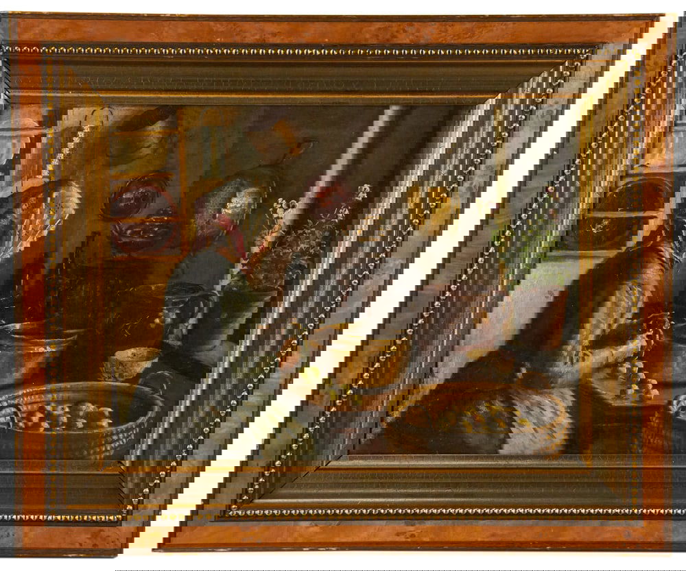 Interior Scene, Woman Peeling Apples, Oil on Canvas: Interior scene, woman peeling apples, oil on canvas, unsigned, identified verso "Fuller Graves", possibly Abbott Fuller Graves (American, 1859-1936), 12 1/4" x 16", framed 17 1/2" x 21 1/4". Provenanc