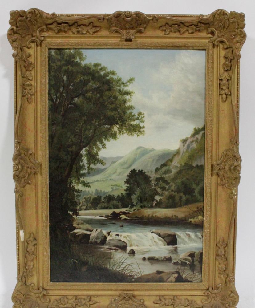19thC, C.A.M. Clay, Landscape with River, oil on canvas: 19th century C.A.M. Clay, landscape with river, oil on canvas, signed L/L, 21" x 14", in gilt frame 26 1/4" x 19 1/2". Provenance: Estate of Dalia Zikas, Melrose, Massachusetts.