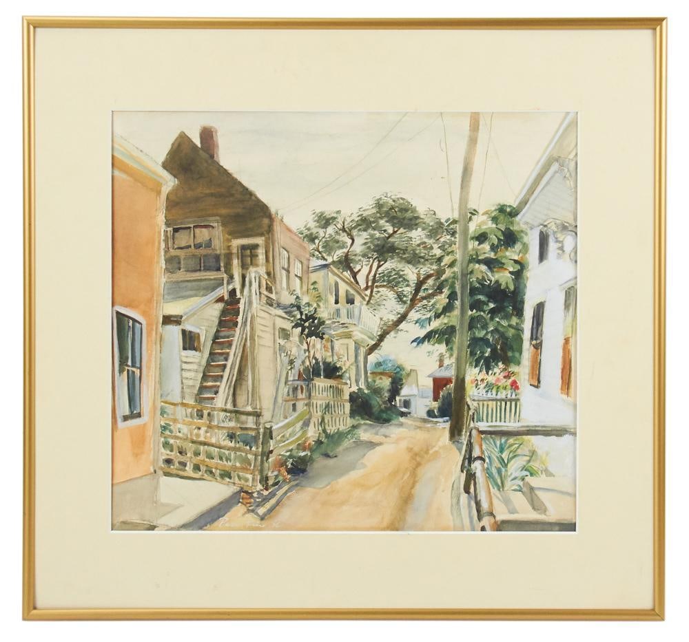 Perle Fine, Abstract Expressionist Beach House Alley: Perle Fine (1905-1988), latter day abstract expressionist, beach house alley, oil on canvas, 13" x 14", framed 19" x 19". Provenance: Estate of Dalia Zikas, Melrose, Massachusetts.