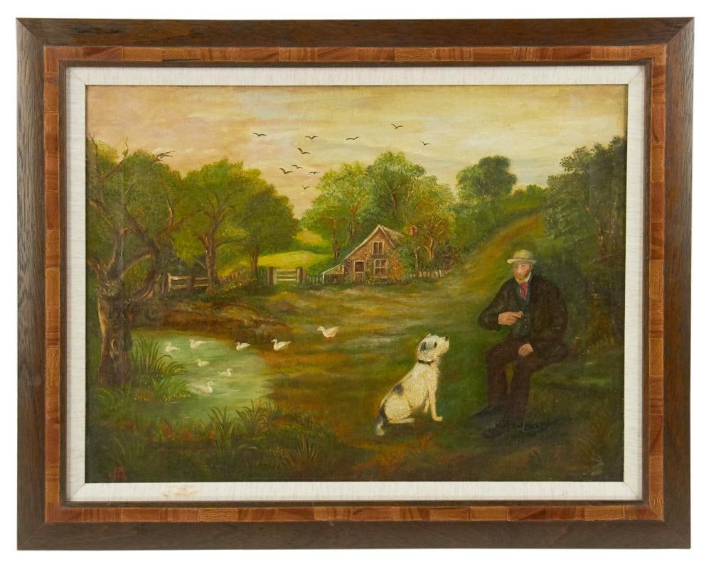 Folk Art Oil on Canvas of Man, Dog, and Geese: Folk Art oil on canvas of man, dog, and geese in rustic setting, initialed J.H., 1904, 14" x 19", framed 19" x 24". Provenance: Estate of Dalia Zikas, Melrose, Massachusetts.