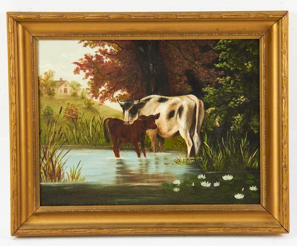 20thC Primitive Pastoral with Cows, Oil on Board (1 of 8)
