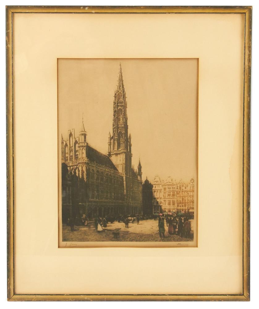 Early 1980s Grand Place, Brussels, Etching, Lithographs: Early 1980s Grand Place, Brussels, Belgium, etchings, lithographs, 12" x 9", framed 19" x 16". Provenance: Estate of Dalia Zikas, Melrose, Massachusetts.