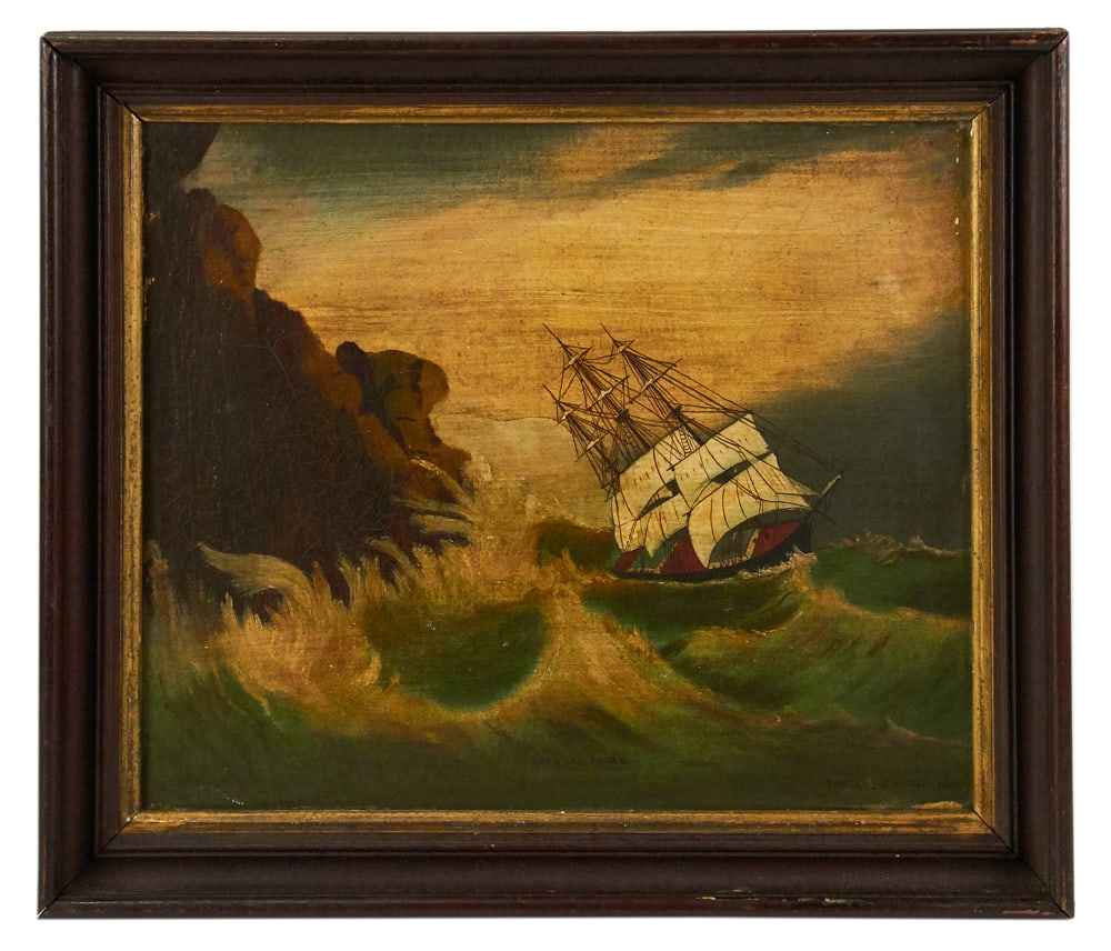 S.H. Kneiler, Three-Masted Ship in Storm, Oil on Canvas: S.H. Kneiler, three-masted ship in storm, oil on canvas, 1880, signed L/R, 14" x 16", framed 18" x 20". Provenance: Estate of Dalia Zikas, Melrose, Massachusetts.