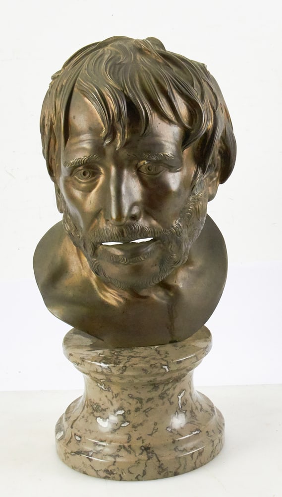 Finished Metal Bust of Philosopher Seneca, on Marble: Finished metal bust of philosopher Seneca on marble base, 18" H x 7 1/2" diameter base. Good condition. Provenance: Estate of Dalia Zikas, Melrose, Massachusetts.