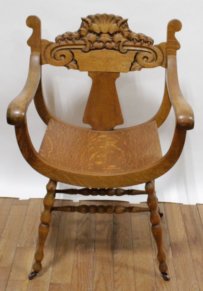 19thC Carved Oak Chair with Stylized Lion Design (1 of 4)