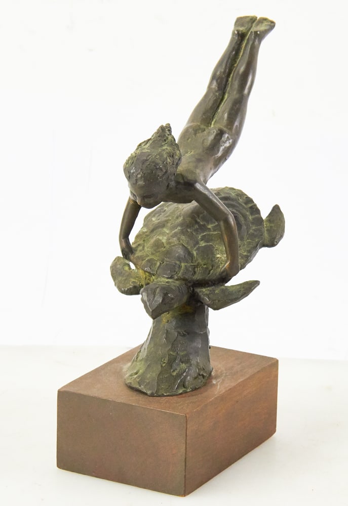 Bronze Figure of Young Girl Swimming with Sea Turtle (1 of 9)