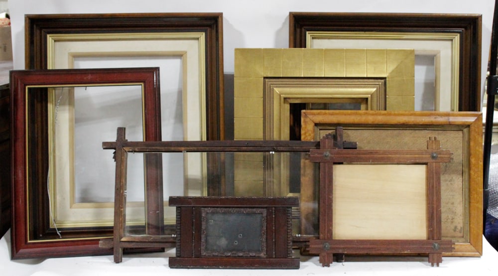 Collection of Picture Frames: Collection of picture frames, eight (8) total, to include: one (1) pair of wood and gilt; birdseye maple; gilt; etc. Largest 24 1/2" x 20 3/4". Good condition; most are unused. Provenance: Estate of D