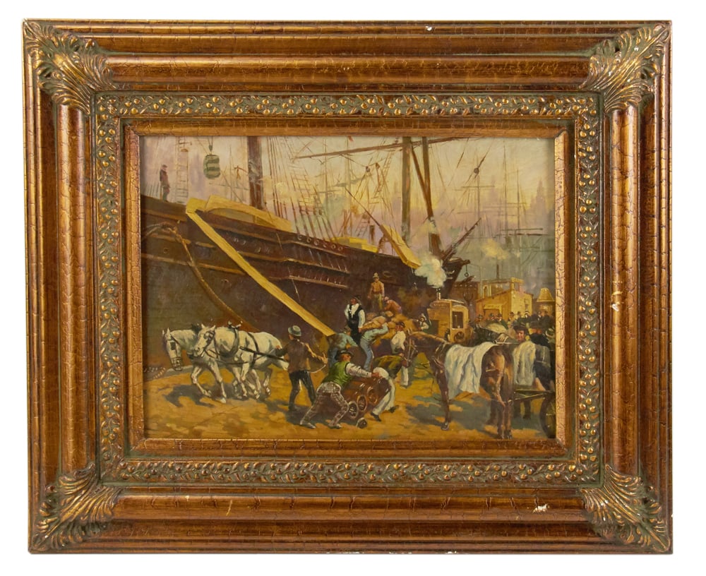 19thC, South Street Seaport, Unloading Ship, Oil on Board: 19th century, South Street Seaport, New York City, "Unloading Ship", oil on board, unsigned, 11" x 16", framed 20" x 24". Provenance: Estate of Dalia Zikas, Melrose, Massachusetts.
