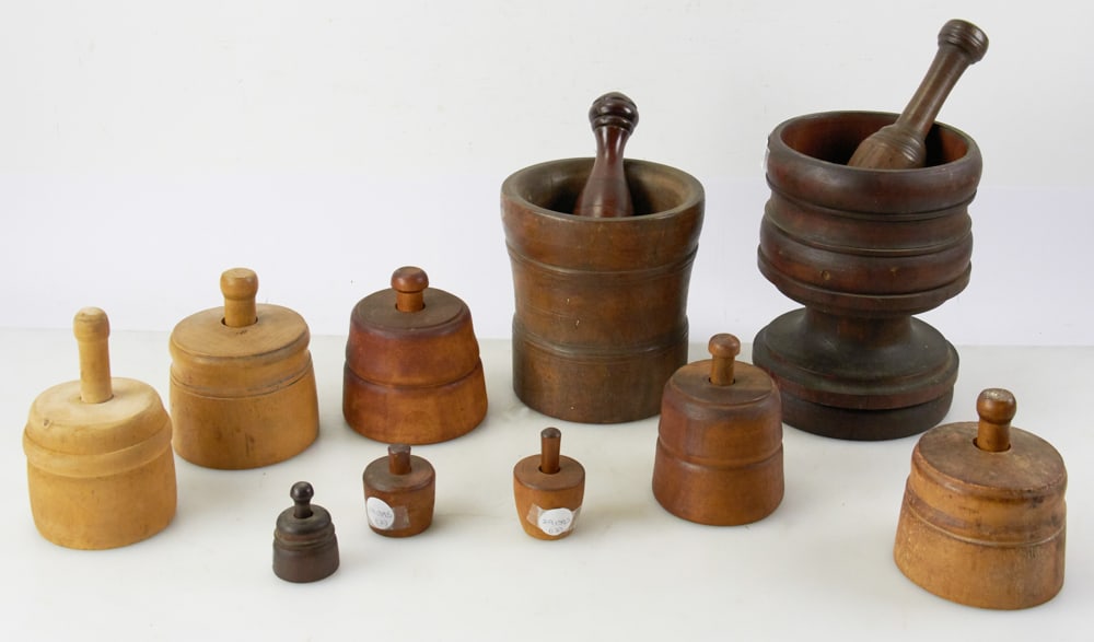 Collection of 19thC Treen Butter Molds, Mortars and Pestles (1 of 11)