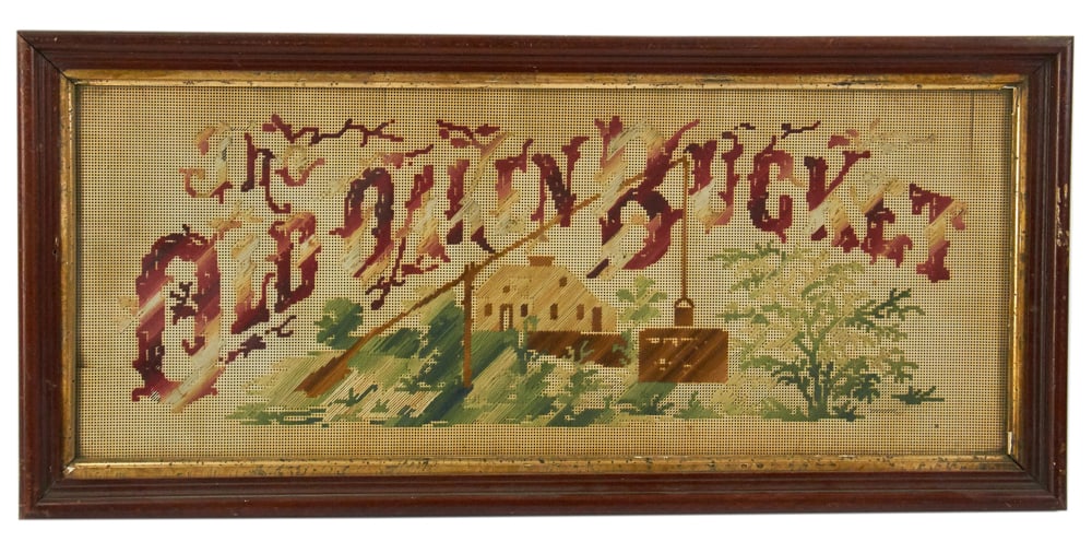 1860s Hand-done Needlework Created on Paper: 1860s hand-done needlework created on paper, 8" x 20", framed 10" x 23". Provenance: Estate of Dalia Zikas, Melrose, Massachusetts.