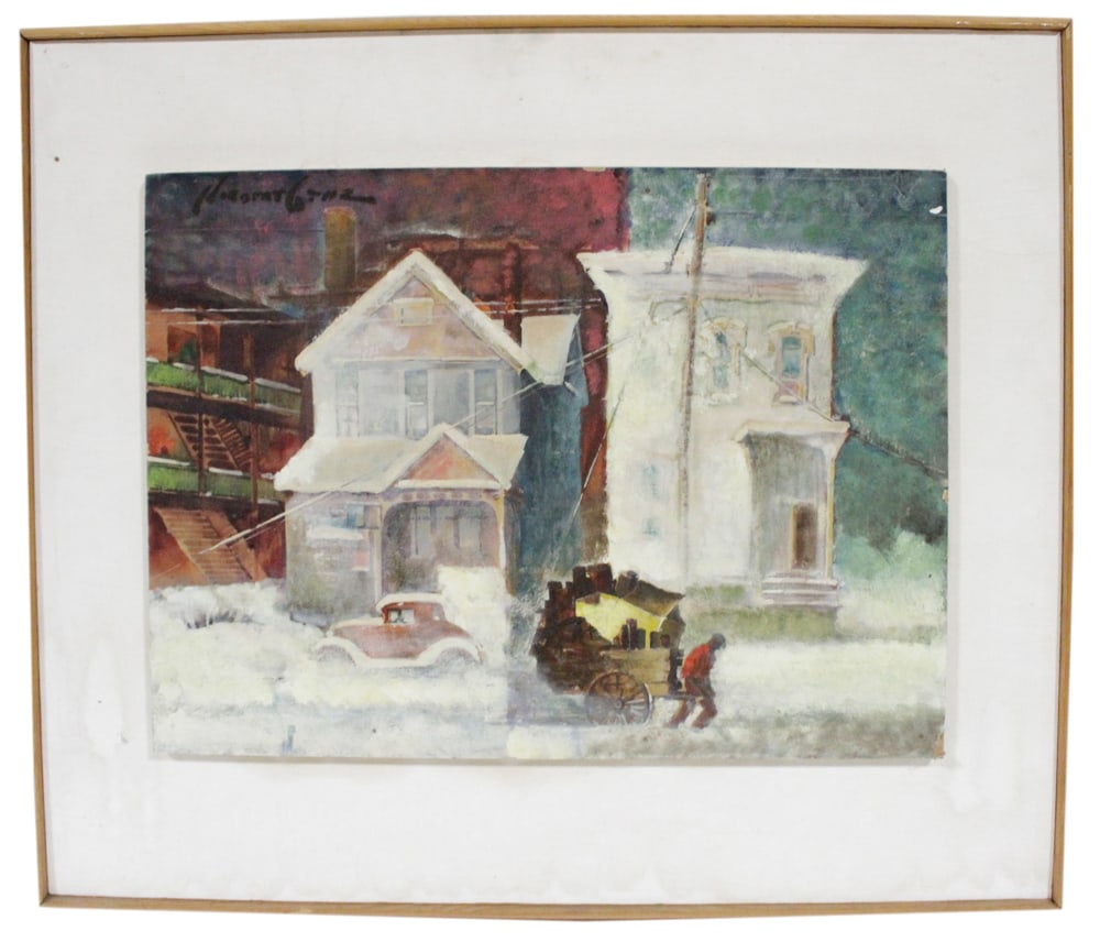 Norbert Lenz, Winter City Street Scene, Oil on Panel (1 of 2)