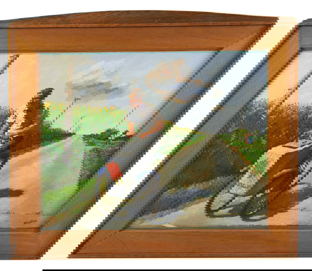 Ken Stork, Popsicle Vendor on Tricycle, Oil on Canvas: Ken Stork, person on tricycle selling popsicles, oil on canvas, signed L/R, 16" x 19", framed 22"' x 24". Provenance: Estate of Dalia Zikas, Melrose, Massachusetts.