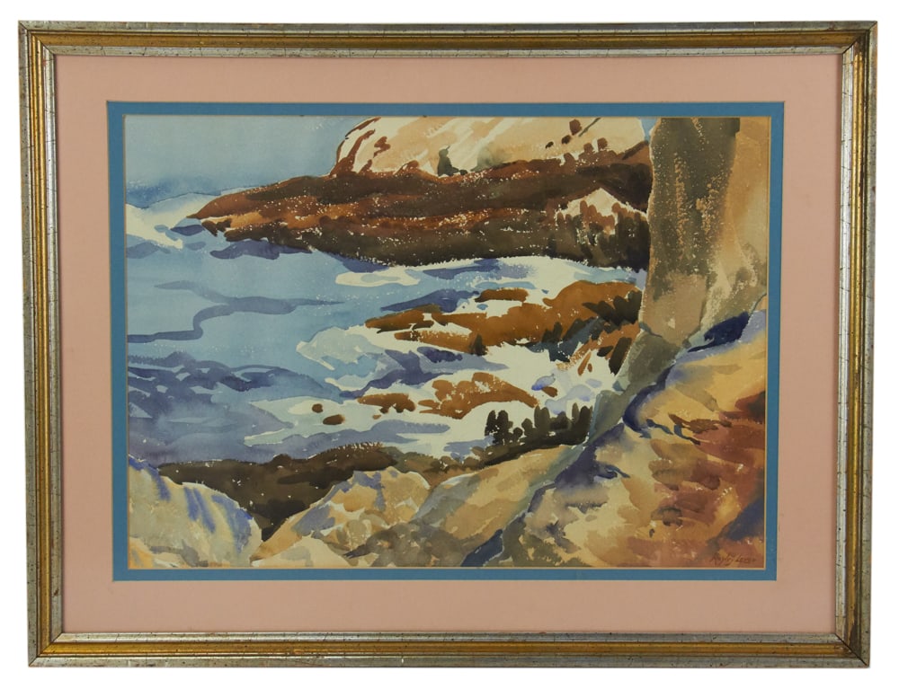Hayley Lever, Coastal Scene, Watercolor: Hayley Lever (Austrian-American, 1876-1958), coastal scene, watercolor, 14 1/2" x 20" (sight), framed 20 3/4" x 26 1/2". Provenance: Estate of Dalia Zikas, Melrose, Massachusetts.