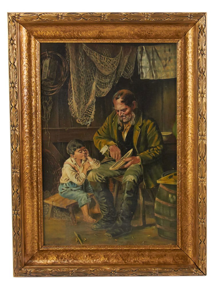 19thC, Ship Carver, Oil on Canvas: 19th century, ship carver, oil on canvas, 18" x 12", framed 23" x 16". Provenance: Estate of Dalia Zikas, Melrose, Massachusetts.