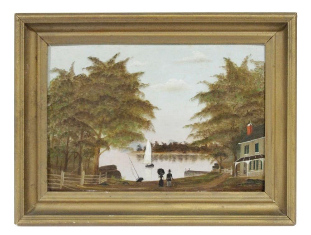 19thC, Autumnal Landscape View from Shore, Oil on Board: 19th century American, autumnal landscape view from shore, oil on board, 12" x 17", framed 16" x 22". Provenance: Estate of Dalia Zikas, Melrose, Massachusetts.