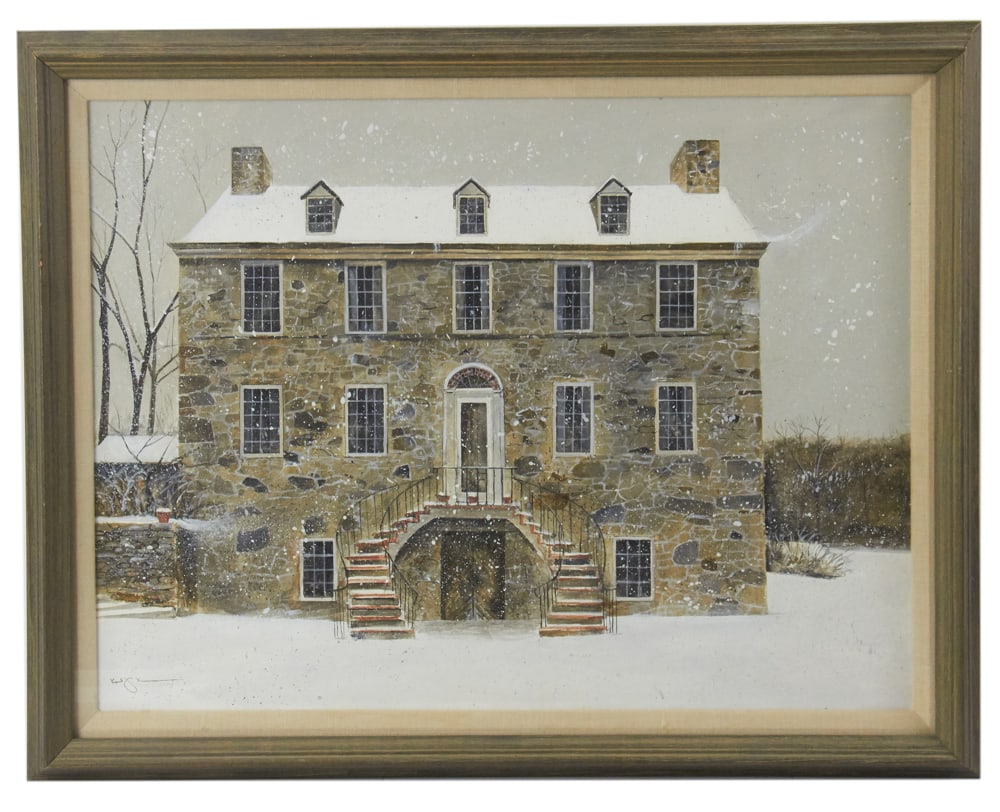 Granite Building in Snow, Watercolor: Granite building in snow, watercolor, signed L/L, 14" x 19" (image), framed 18" x 23". Provenance: Estate of Dalia Zikas, Melrose, Massachusetts.