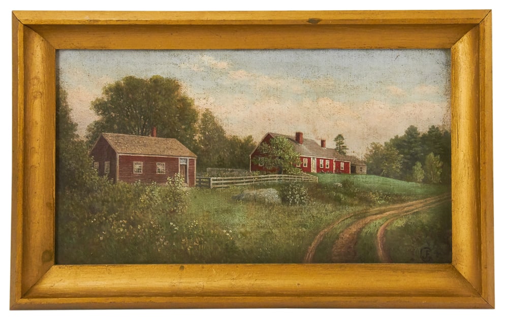 19thC, Rural Road Past Red Farm House, Oil on Canvas: 19th century, rural road past red farm house and shed, oil on canvas, initialed indistinctly L/R, 9" x 17", framed 13" x 21". Provenance: Estate of Dalia Zikas, Melrose, Massachusetts.
