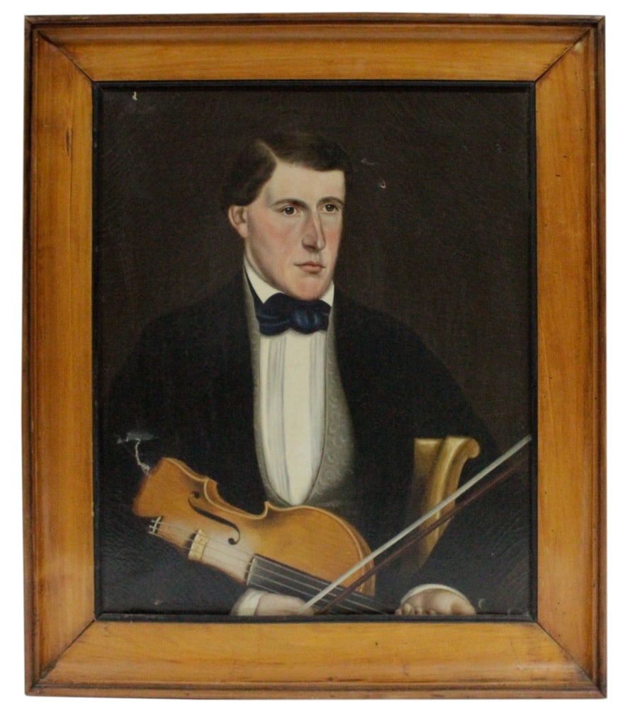19thC, Man with Violin, Oil on Canvas: 19th century, man with violin, oil on canvas, 21" x 17", framed 27" x 23". Provenance: Estate of Dalia Zikas, Melrose, Massachusetts.