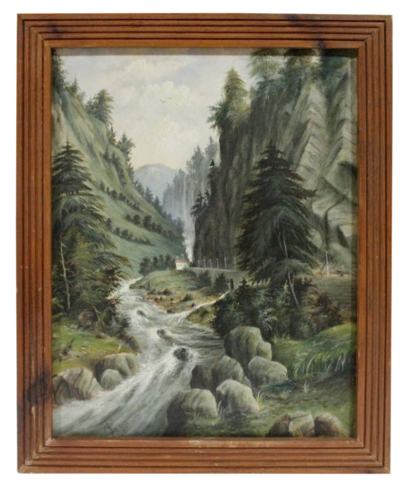 Primitive Landscape with Steam Engine, Oil on Board: Primitive landscape with steam engine in mountainous terrain, oil on board, monogrammed and dated 1901 L/L,18" x 15", framed 22" x 18". Provenance: Estate of Dalia Zikas, Melrose, Massachusetts.
