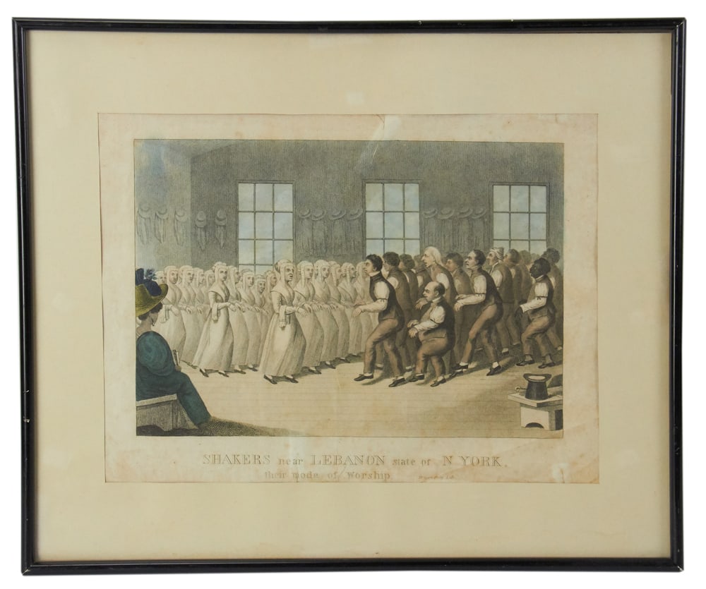 Print, Shakers Near Lebanon, State of N. York: Print, "Shakers near Lebanon, state of N York. their mode of worship", 11" x 14" (image), framed 16" x 19". Provenance: Estate of Dalia Zikas, Melrose, Massachusetts.