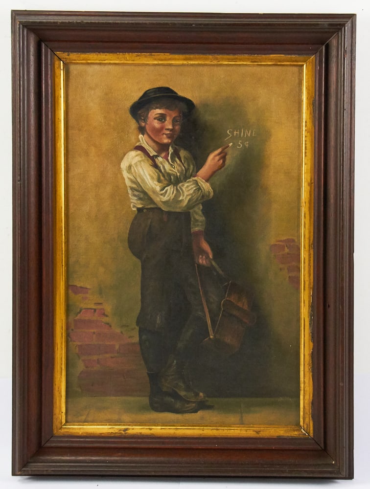 After John George Brown, Shoe Shine Boy, Oil on Canvas: After John George Brown, shoe shine boy, oil on canvas, 18" x 12", framed 22" x 16". Provenance: Estate of Dalia Zikas, Melrose, Massachusetts.