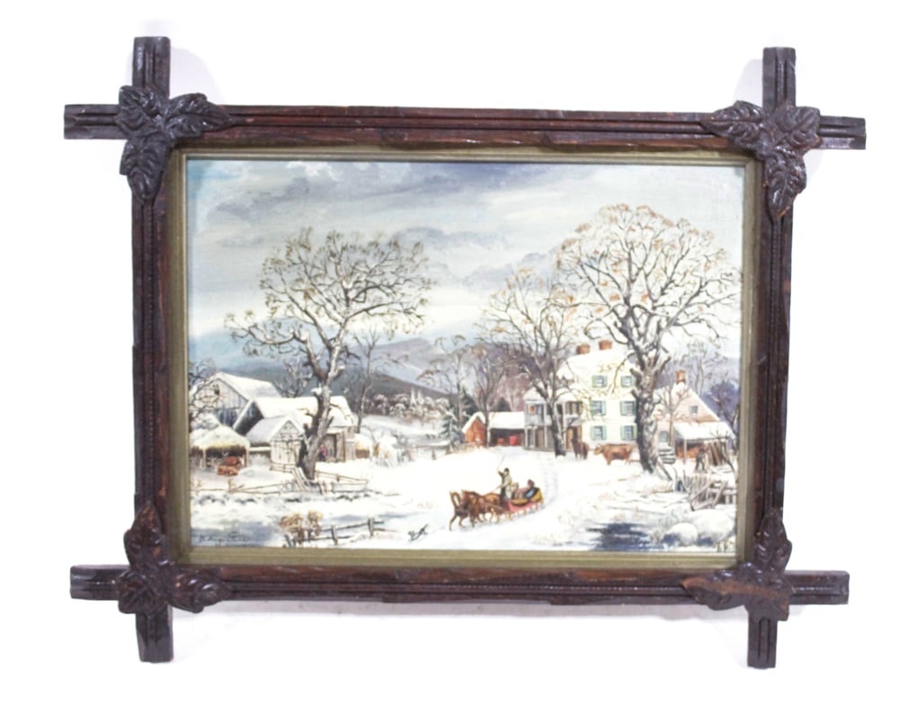Winter Landscape with Sleigh, Oil on Board: Antique winter landscape scene with bare trees, building, and horse-drawn sleigh, oil on board, signed L/L, 9" x 13", framed 15" x 19". Provenance: Estate of Dalia Zikas, Melrose, Massachusetts.