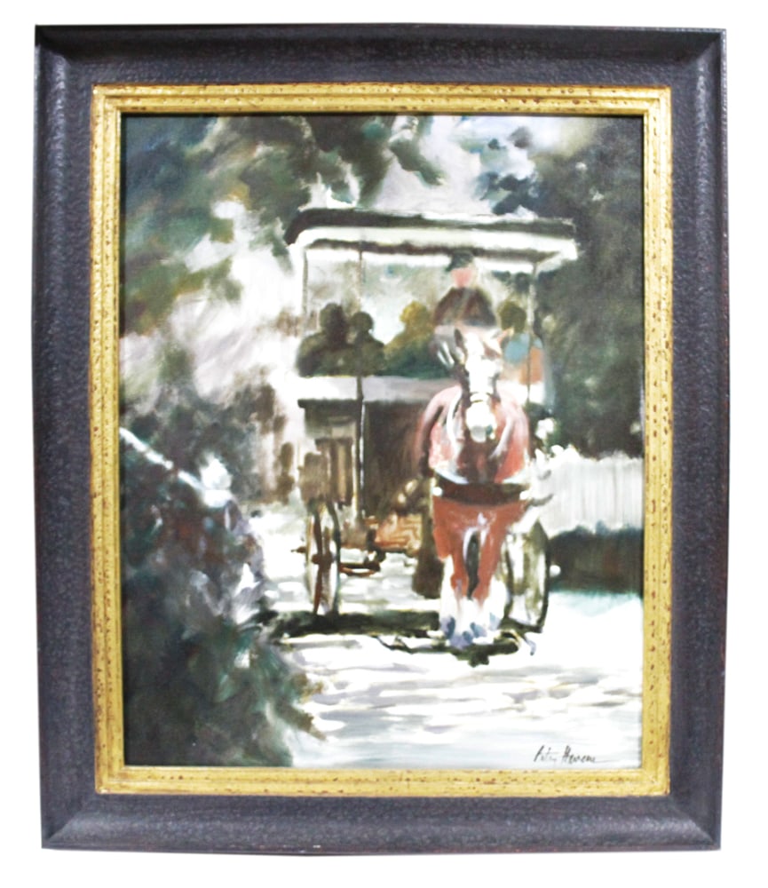 Betsy Havens, Country Road with Carriage, Oil on Canvas: Betsy Havens, country road with horse-drawn carriage, oil on canvas, signed L/R, 29" x 22", framed 36" x 30". Provenance: Estate of Dalia Zikas, Melrose, Massachusetts.