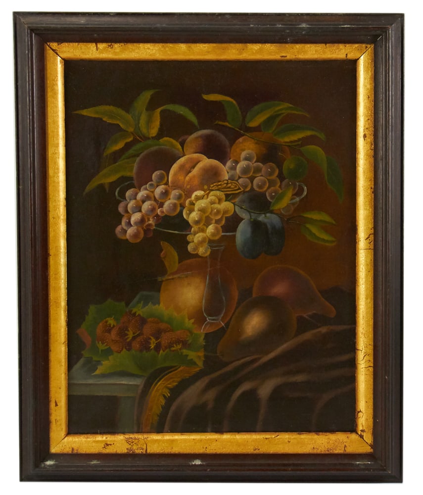 Mid-19thC American Still Life of Fruit, Oil on Canvas: Mid-19th century American still life of fruit in a glass compote, oil on canvas, 18" x 13", framed 22" x 18". Provenance: Estate of Dalia Zikas, Melrose, Massachusetts.