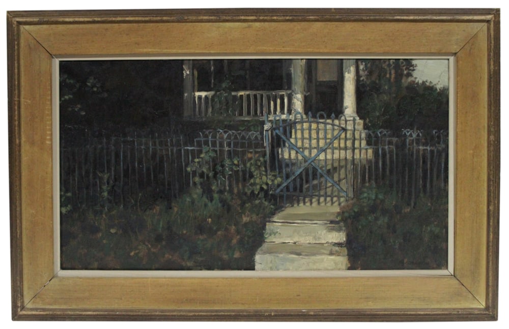 Robert Martin, Iron Gate and Porch, Oil on Canvas: Robert Martin, 20th century iron gate and porch, oil on canvas, signed L/R, 14" x 26", framed 20" x 32". Provenance: Estate of Dalia Zikas, Melrose, Massachusetts.