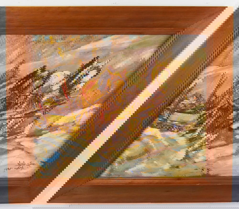 Leslie Cope, Horses in Winter Hauling Wood, Oil on Canvas: Leslie Cope, horses in winter hauling wood, oil on canvas, signed L/R, 20" x 23", framed 28" x 32". Provenance: Estate of Dalia Zikas, Melrose, Massachusetts.