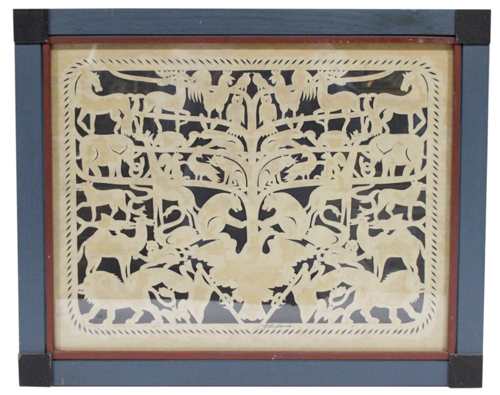 19thC Scherenschnitte Folk Art Cut Paper Artwork: 19th century Scherenschnitte Folk Art cut paper artwork depicting various animals and figures within a detailed interwoven composition, signed G.B. French, 14" x 18", framed 18" x 21". Provenance: Est