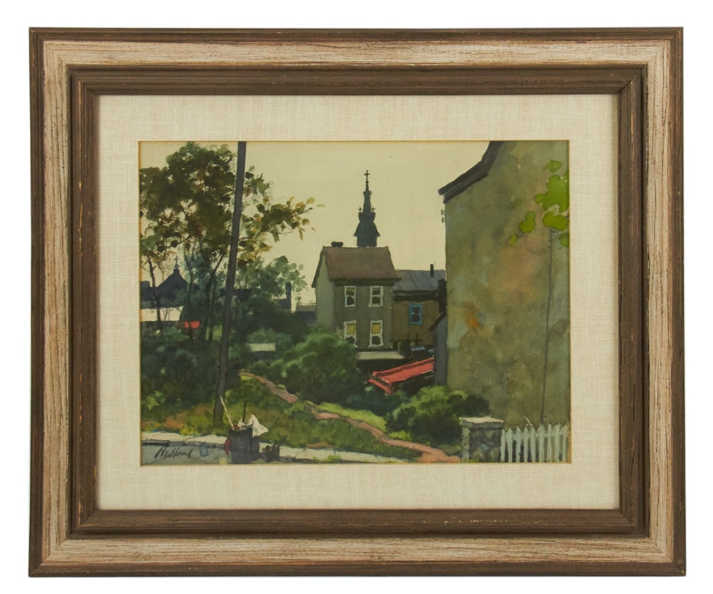 Wilmot Heitland, Village with Church Steeple: Wilmot Heitland, village with church steeple, oil on board, signed L/L, 12" x 16", framed 20" x 24". Provenance: Estate of Dalia Zikas, Melrose, Massachusetts.