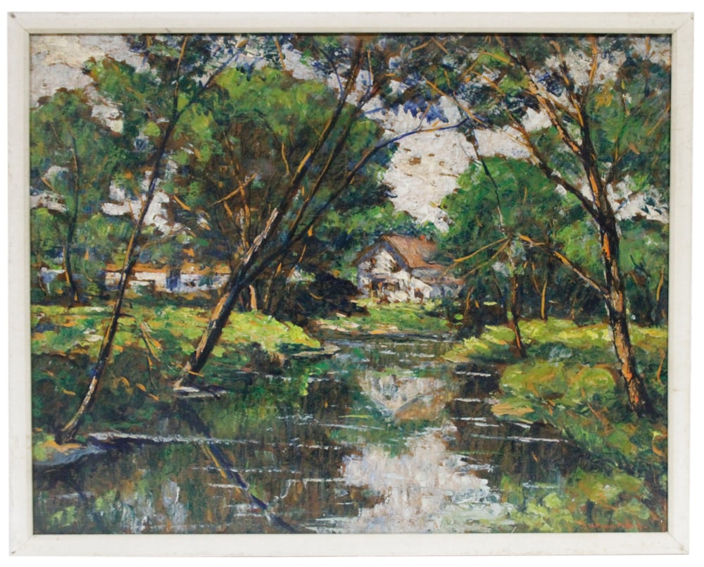 William Fisher, Double-Sided Oil Painting, Houses by Brook (1 of 9)