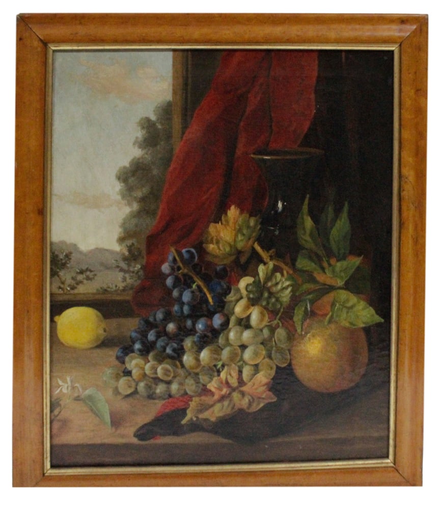 19thC Still Life of Fruit, Oil on Canvas: 19th century still life of fruit, oil on canvas, 20" x 16", in figured maple frame 22 1/4" x 19". Provenance: Estate of Dalia Zikas, Melrose, Massachusetts.