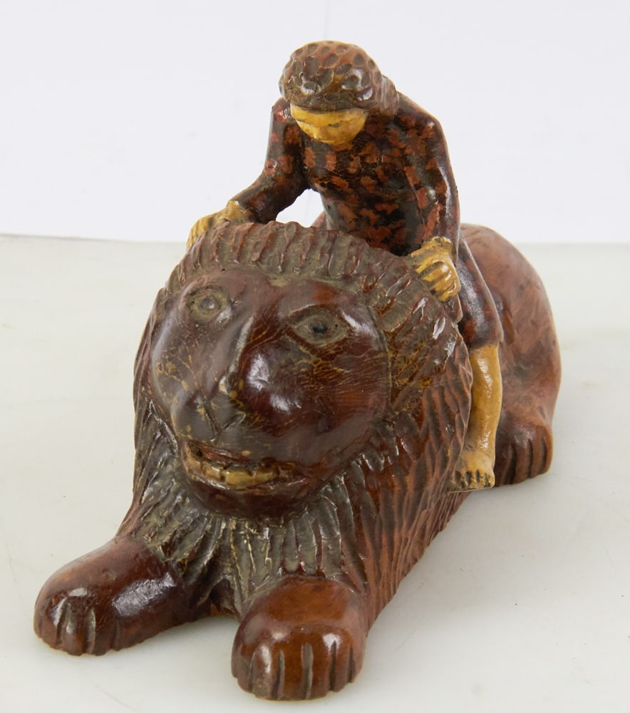 Alfonsas Skiesgilas, Wood Carving of Man Riding Lion: Alfonsas Skiesgilas (sculptor), wood carving of man riding lion, signed, 7 1/2" H x 9 1/4" L. Good condition. Provenance: Estate of Dalia Zikas, Melrose, Massachusetts.