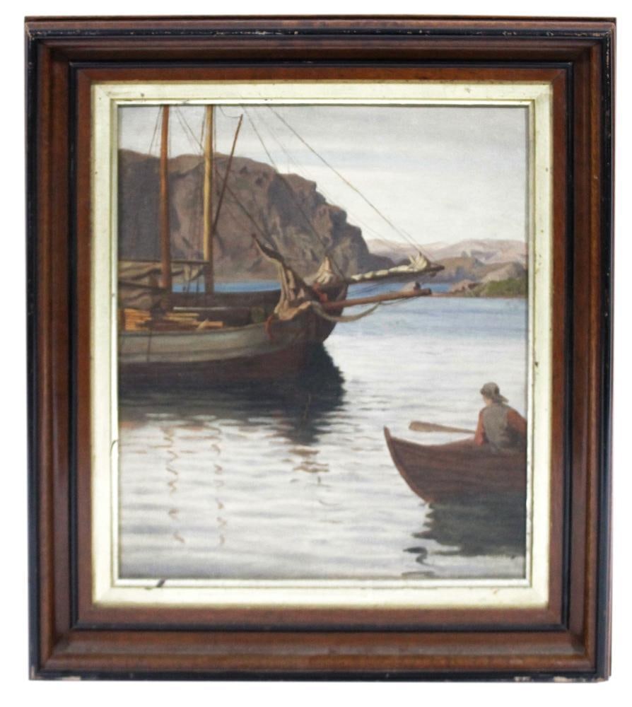 Ship Scene, Oil on Board: Ship scene, oil on board, 11" x 9 3/4", framed 15 1/4" x 14". Provenance: Estate of Dalia Zikas, Melrose, Massachusetts.