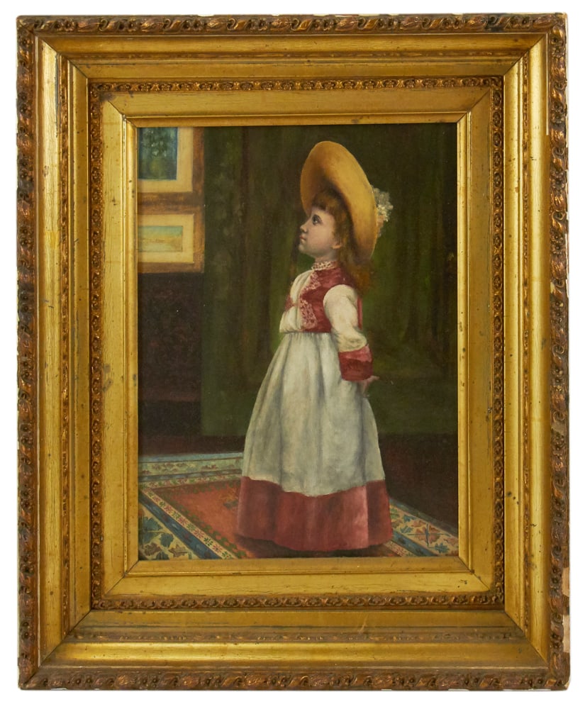 19thC Portrait of Young Girl with Straw Hat, Oil on Board: 19th century portrait of a young girl with straw hat, oil on board, 12 1/4" x 9", framed 16 3/4" x 13 3/4". Provenance: Estate of Dalia Zikas, Melrose, Massachusetts.