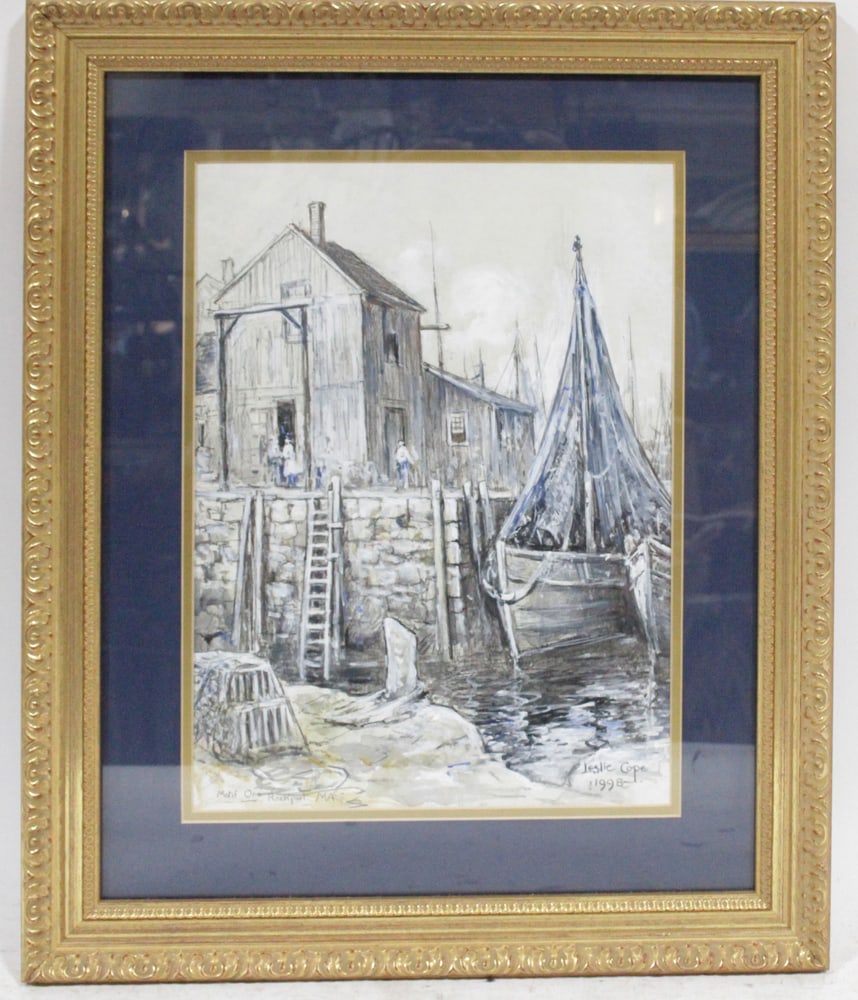 Leslie Cope, Motif One, Rockport, Watercolor Gouache: Leslie Cope (American, 1913-2002), "Motif One, Rockport, MA", watercolor/gouache, signed and dated 1998 L/R, titled L/L, 15 1/2" x 11 1/4" (sight), framed 23 1/4" x 19". Provenance: Estate of Dalia Zi