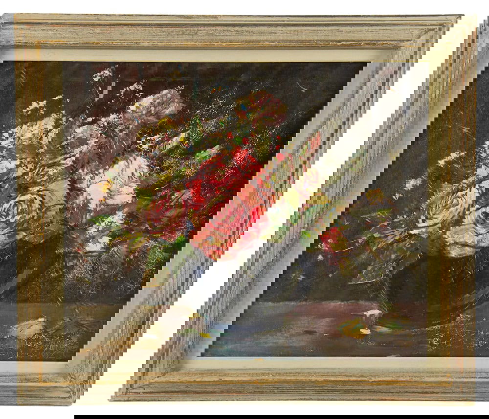 Leslie Cope, Floral Still Life, Oil on Board: Leslie Cope (1913-2002), floral still life with vibrant bouquet of roses and other flowers in a dark vase, oil on board, signed L/R, 14" x 16", framed 18" x 21". Provenance: Estate of Dalia Zikas, Mel