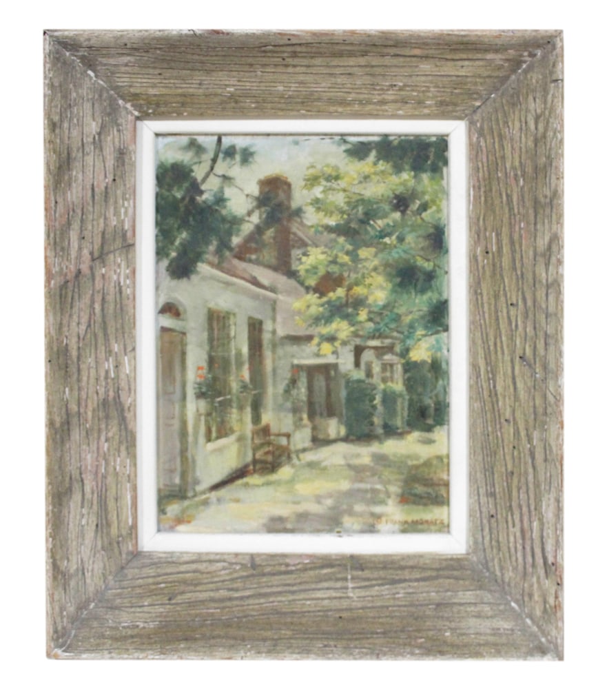 Frank Moratz, Street Scene, Oil on Board: Frank Moratz (b.1912), street scene, oil on board, signed L/R, 12" x 9", framed 17 1/2" x 14 1/2". Provenance: Estate of Dalia Zikas, Melrose, Massachusetts.