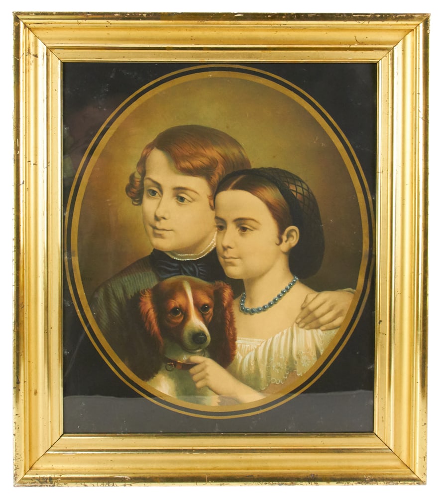 19thC Portrait of Children with Dog, Lithograph: 19th century portrait of children with dog, lithograph, 20" x 17", in gilt frame 28 3/4" x 25". Provenance: Estate of Dalia Zikas, Melrose, Massachusetts.