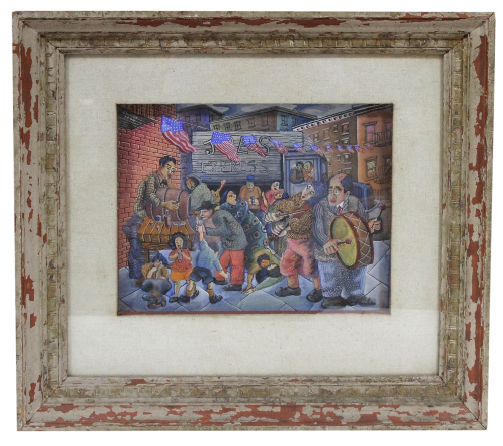Paul Shimon, Judaica Street Party, Watercolor Gouache: Paul Shimon (American, 1919-2011), Judaica street party, watercolor/gouache, signed and dated 1946 U/L, 10 1/4" x 13 1/4" (sight), framed 20" x 22 1/2". Provenance: Estate of Dalia Zikas, Melrose, Mas