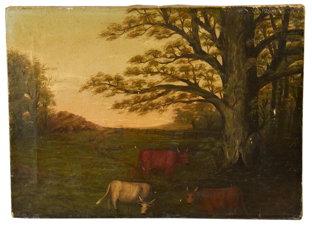 19thC, Cows Grazing, Oil on Canvas: 19th century, cows grazing, oil on canvas, unsigned, 14" x 19", unframed. Provenance: Estate of Dalia Zikas, Melrose, Massachusetts.