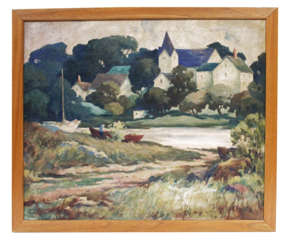 Harry De Maine, Landscape with Body of Water, Oil on Canvas: Harry De Maine (1880-1951), landscape with body of water and buildings, oil on canvas, signed L/R, 24"x 29", framed 28" x 32". Provenance: Estate of Dalia Zikas, Melrose, Massachusetts.